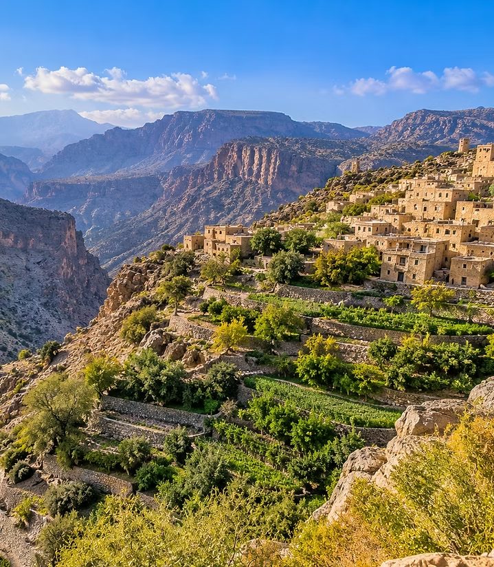 Terraced mountain village at golden hour