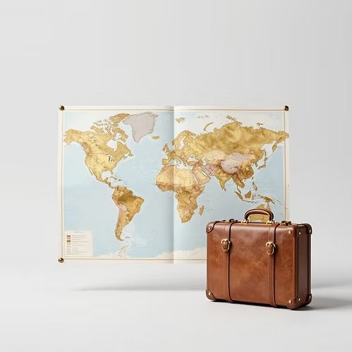 World map with a vintage leather suitcase
